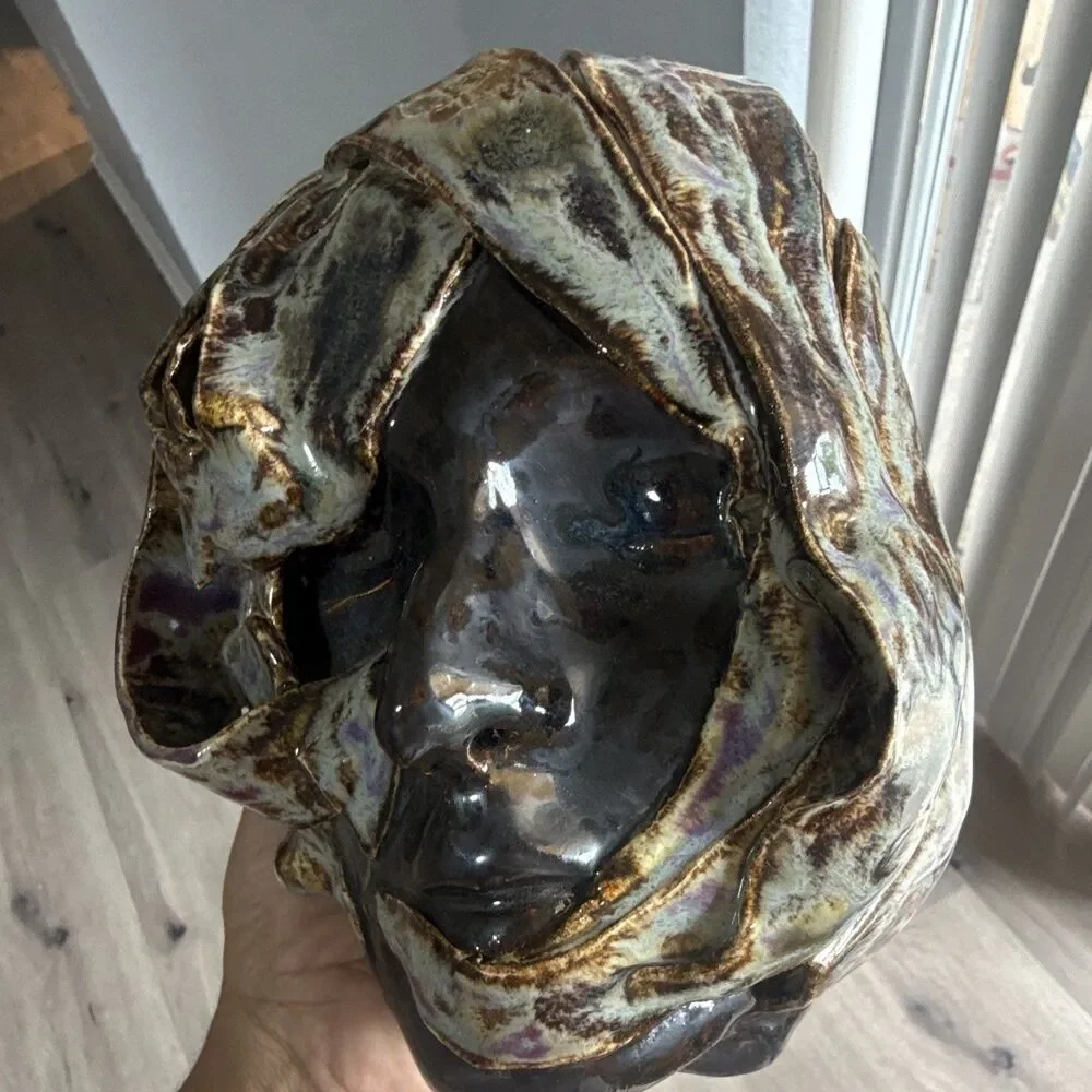 Glazed Ceramic Face Decorative Mask Wall Art - Black Brown Gold Purple
